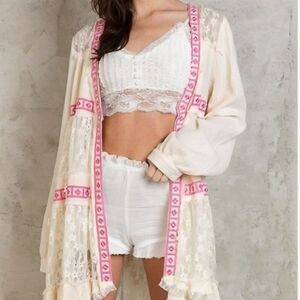POL Cream Lace Kimono with Pink Highlights